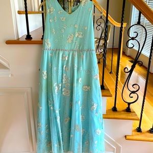 Formal maxi blue dress with silver  floral detail